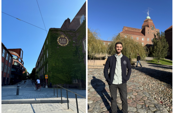 Views from the KTH Campus. On the left and image of a building with the KTH logo. On the right of a young man standing outside, looking into the camera and smiling.