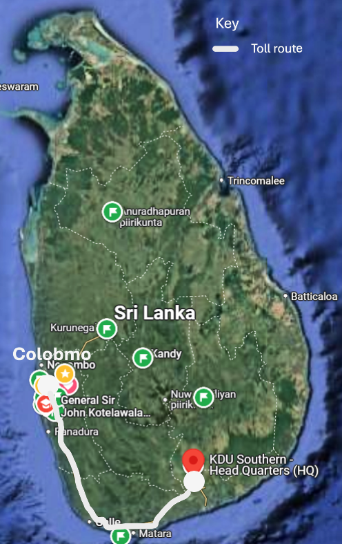 Map of Sri Lanka, Locations of KDU Southern Campus, Colombo, Location of KDUHQ at Colombo and the toll rout connection.