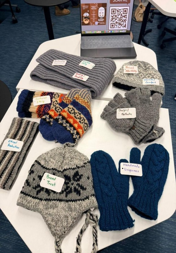 Many different wool items laid out on a table.