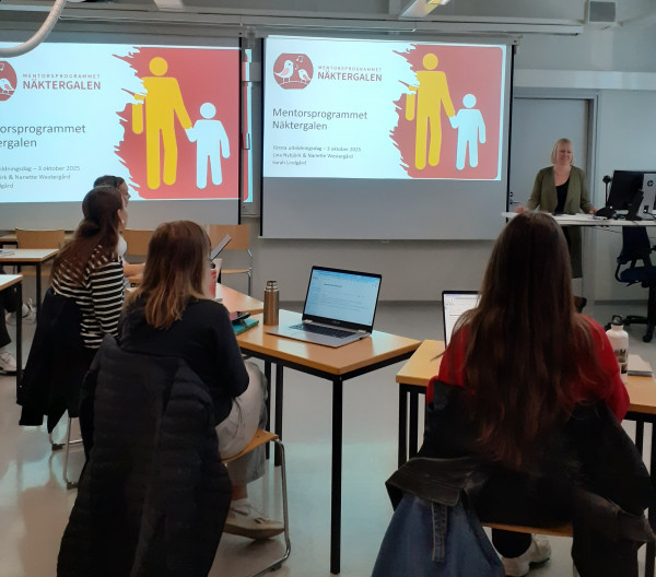 Människor fotade bakirfrån som sitter i ett klassrum och ser på en presentation.