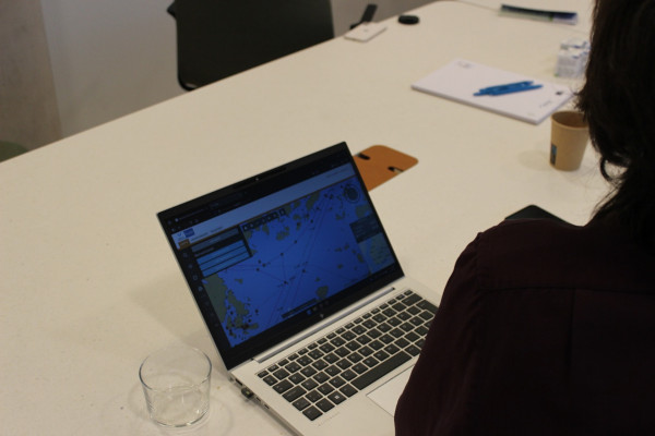 A laptop on a table.