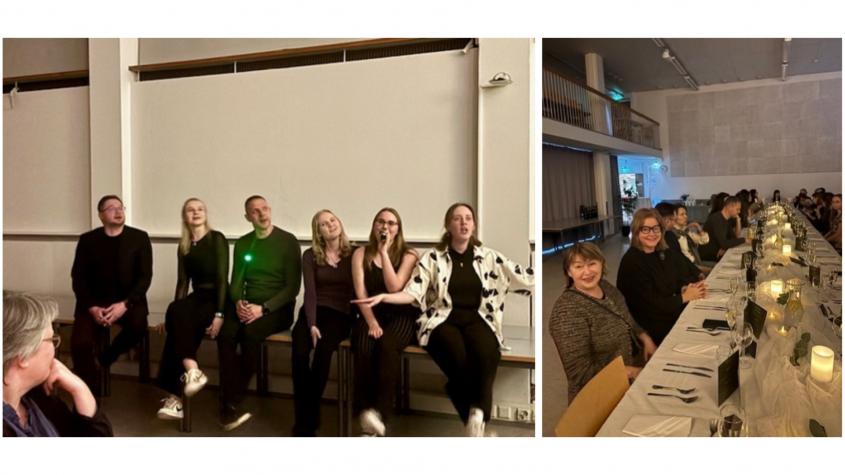 A collage of two picures portraying people at a dinner party.