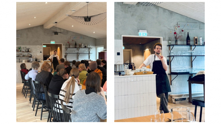 A collage of two picures portraying a group of people sitting at a table. A man is standing at the head and is holding a presentation.