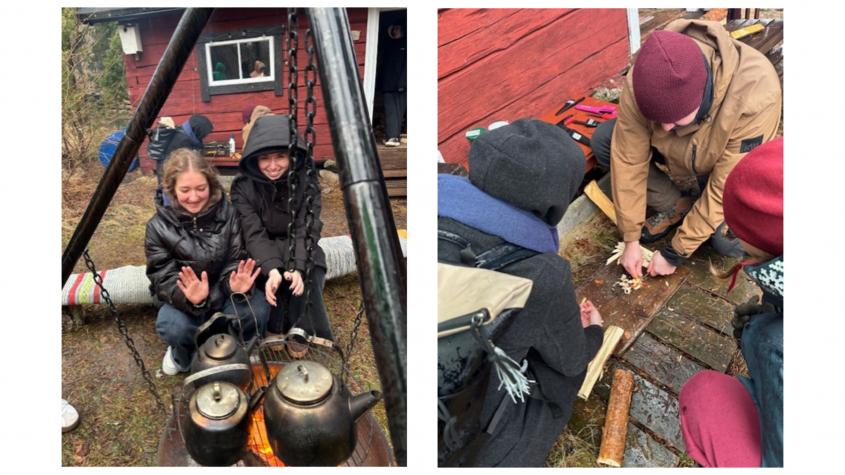 A collage of two picures. In the left picture two women are sitting by a campfire. In the right picture a person is lighting a fire using kindling, two people are watching.