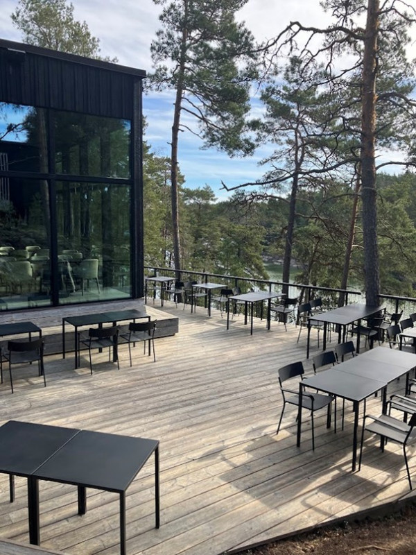 A terrace next to a body of water surrounded by pine trees.