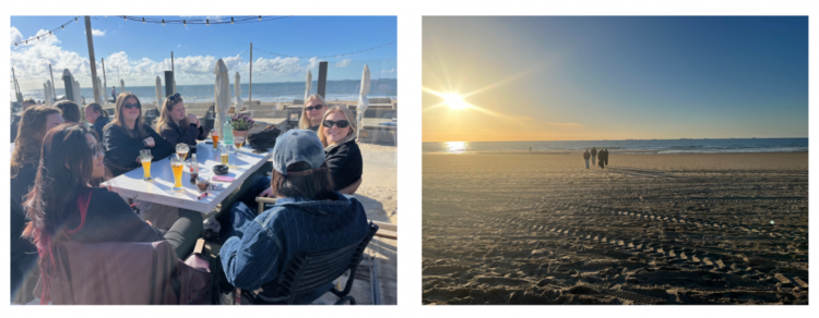 Ett kollage med två bilder. Till vänster en bild på en grupp som äter middag på en terass i solsken. Till höger en bild på en strand i kvällssol.