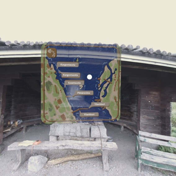 Skärmdump från applikationen. Meny i form av en karta för att välja brygga i Kukkolakoski, med vita prickar som markörer. I bakgrunden en 3D video på en grillkåta.