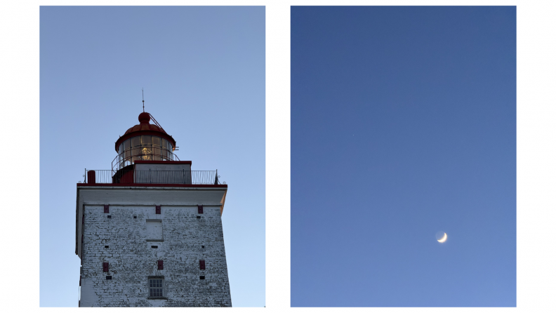 A collage of two pictures depicting a lighthouse and the sky at dusk.