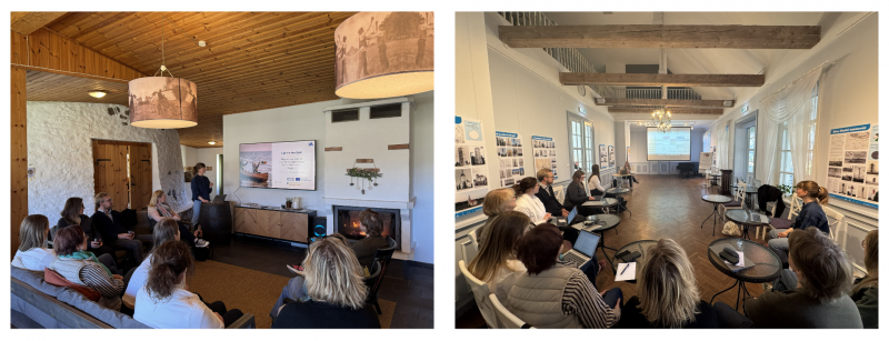 A collage of two picures depicting people having meetings.
