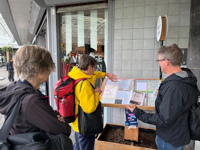 Three people in an urban setting photographed from behind. They are standing in front of a shelf with pamphlets and maps.