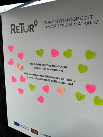 En anslagstavla med handskrivna klisterlappar i formen av hjärtan. I mitten av tavlan står det Vad är bäst med Sydösterbotten - och vad vill du se mer av?